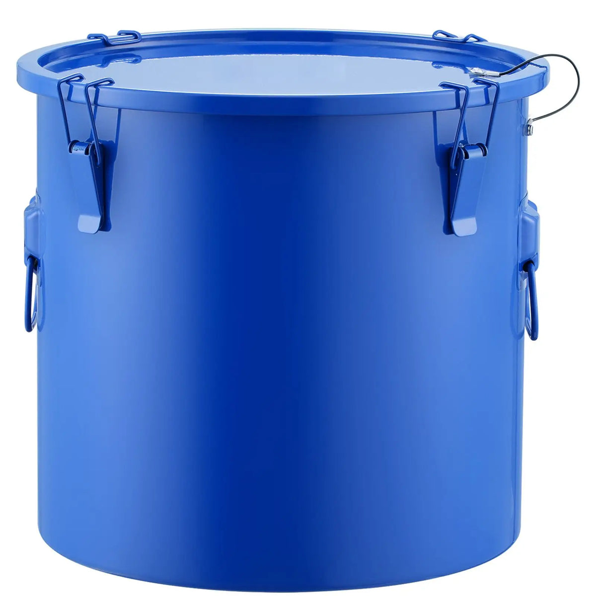 Blue 10-gallon carbon-steel fryer grease bucket with rust-proof coating, lid, and locking clips.