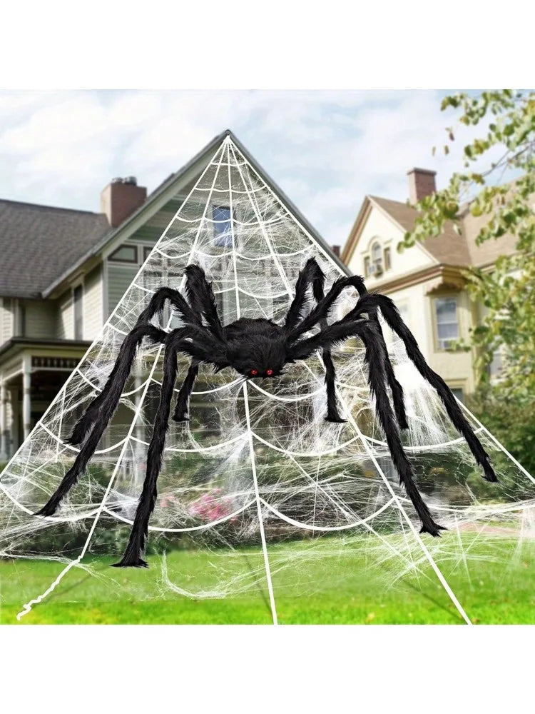 Giant black spider on white spiderweb for Halloween outdoor yard decor - S And B Enterprise