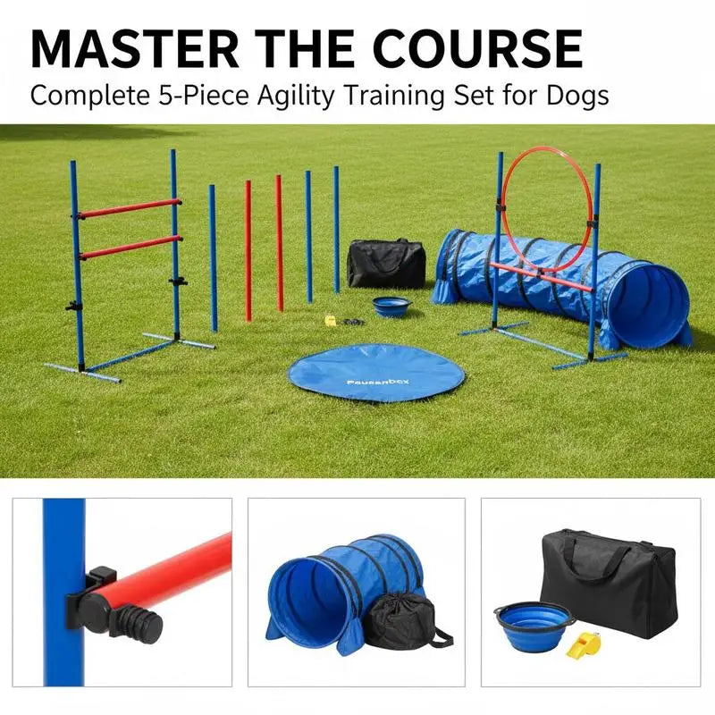 Dog agility training set by S And B Enterprise with 5-piece obstacle course, slalom poles, adjustable hurdles, tunnel.