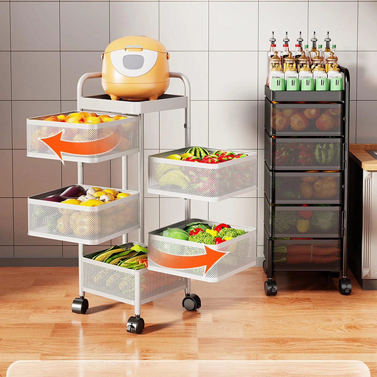 White mesh 4/5-tier rotating storage cart on wheels with produce baskets, black rolling cart with 4 mesh drawers.