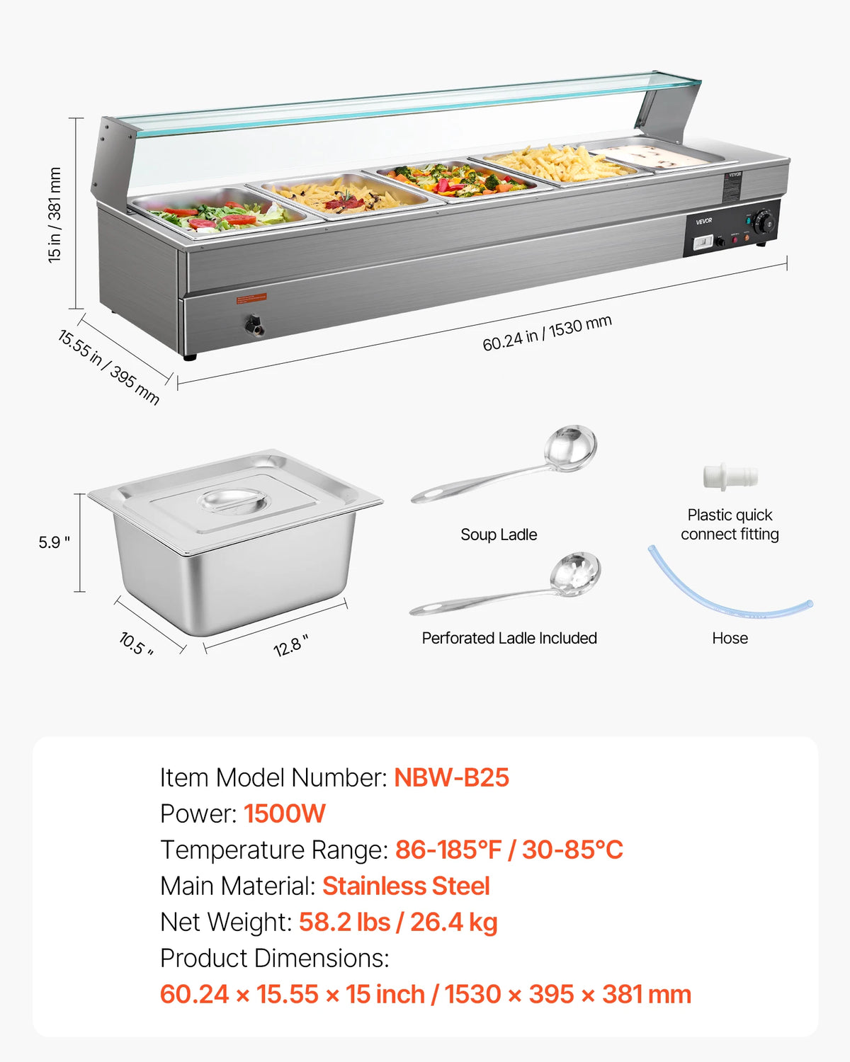 Commercial food warmer steam table in stainless steel with glass cover, 4 pans and temperature control (VEVOR)