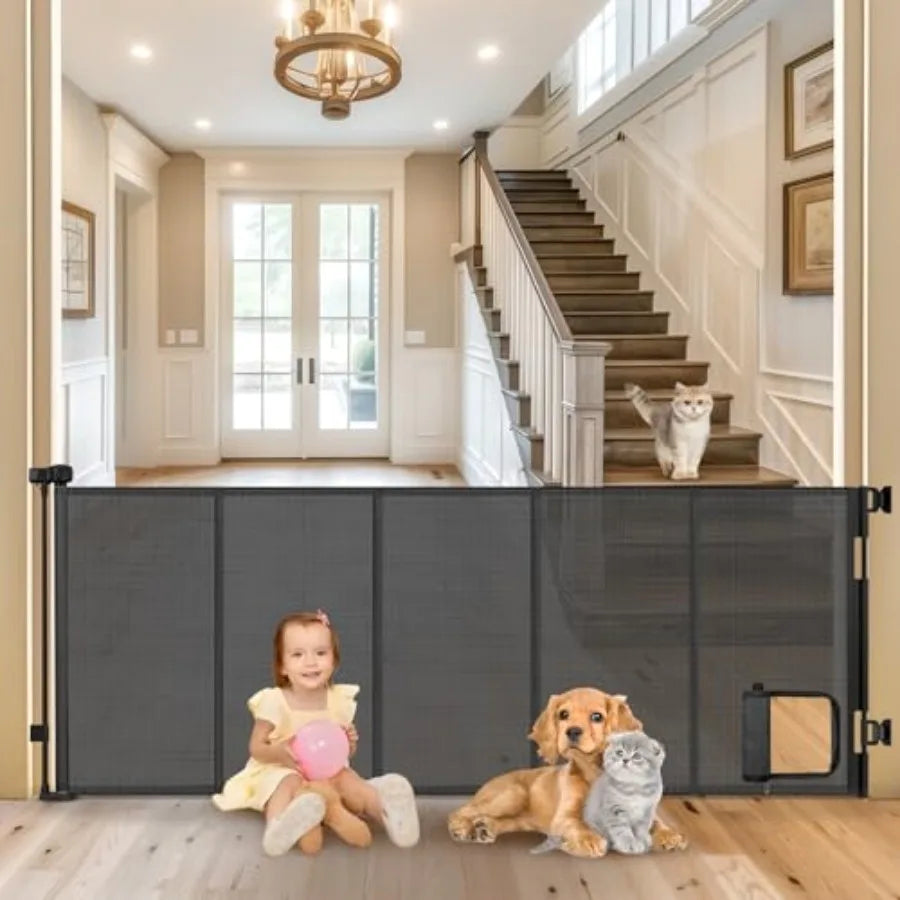 Reinforced Extra Wide Retractable Pet Gate With Cat Door For Doorways by S And B Enterprise