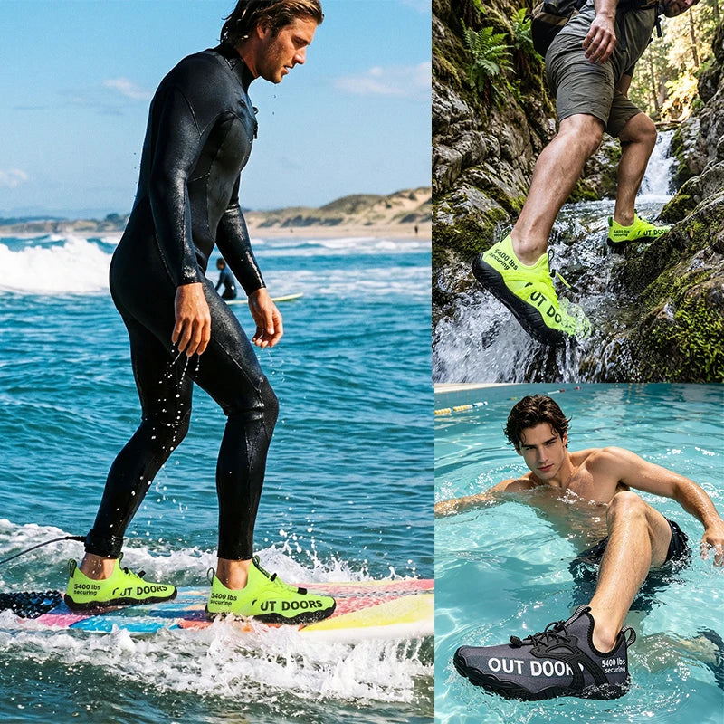Water shoes by S And B Enterprise; neon lime quick-dry aqua sneakers with OUT DOORS branding, three pairs shown.