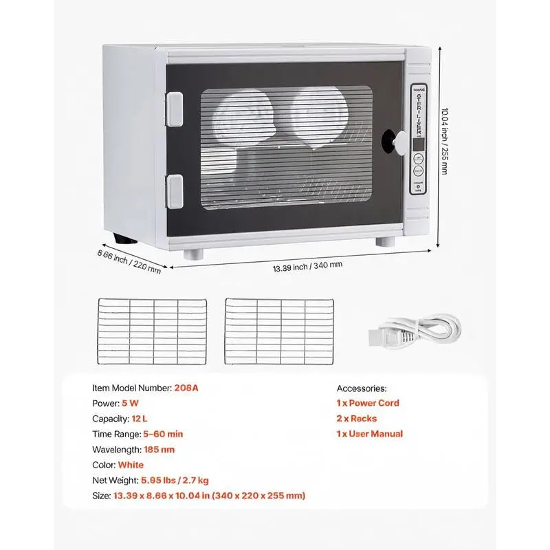 Nail tool cleaning machine by S And B Enterprise, 12L cabinet cleaner with tempered glass door and timer, white.