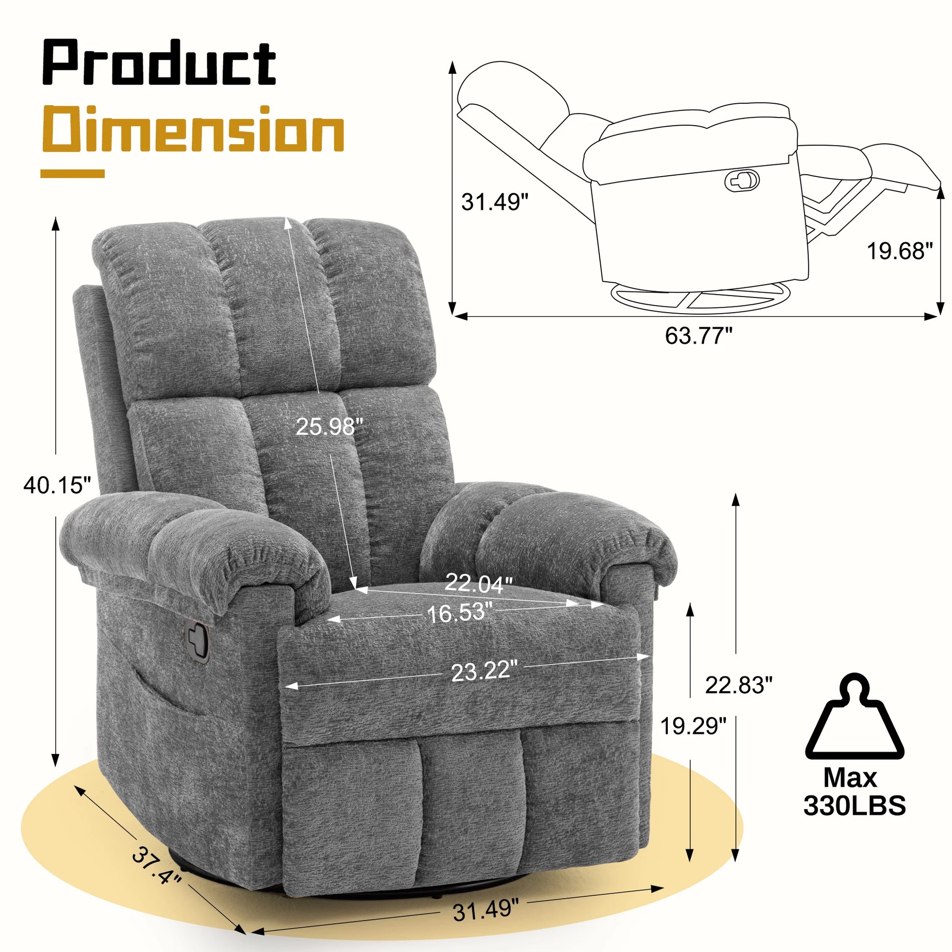 Korser Swivel Rocker Recliner Chair in gray chenille with side pockets for small spaces
