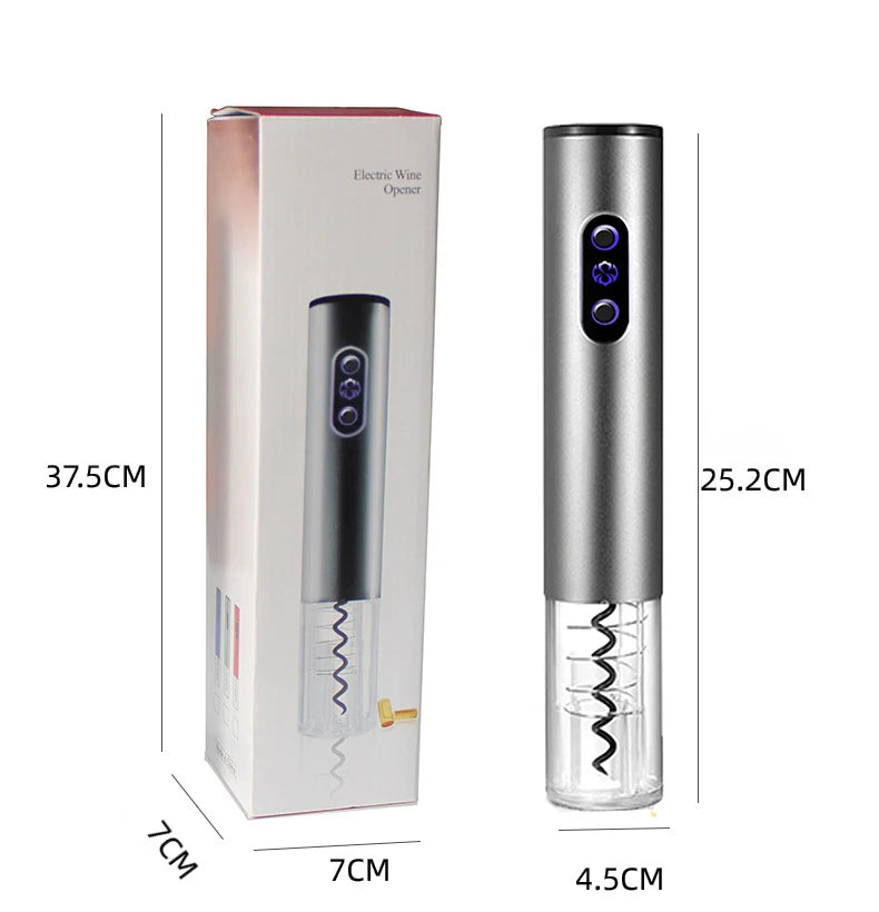 Electric wine opener by S And B Enterprise; silver rechargeable corkscrew with USB charging cable and box.
