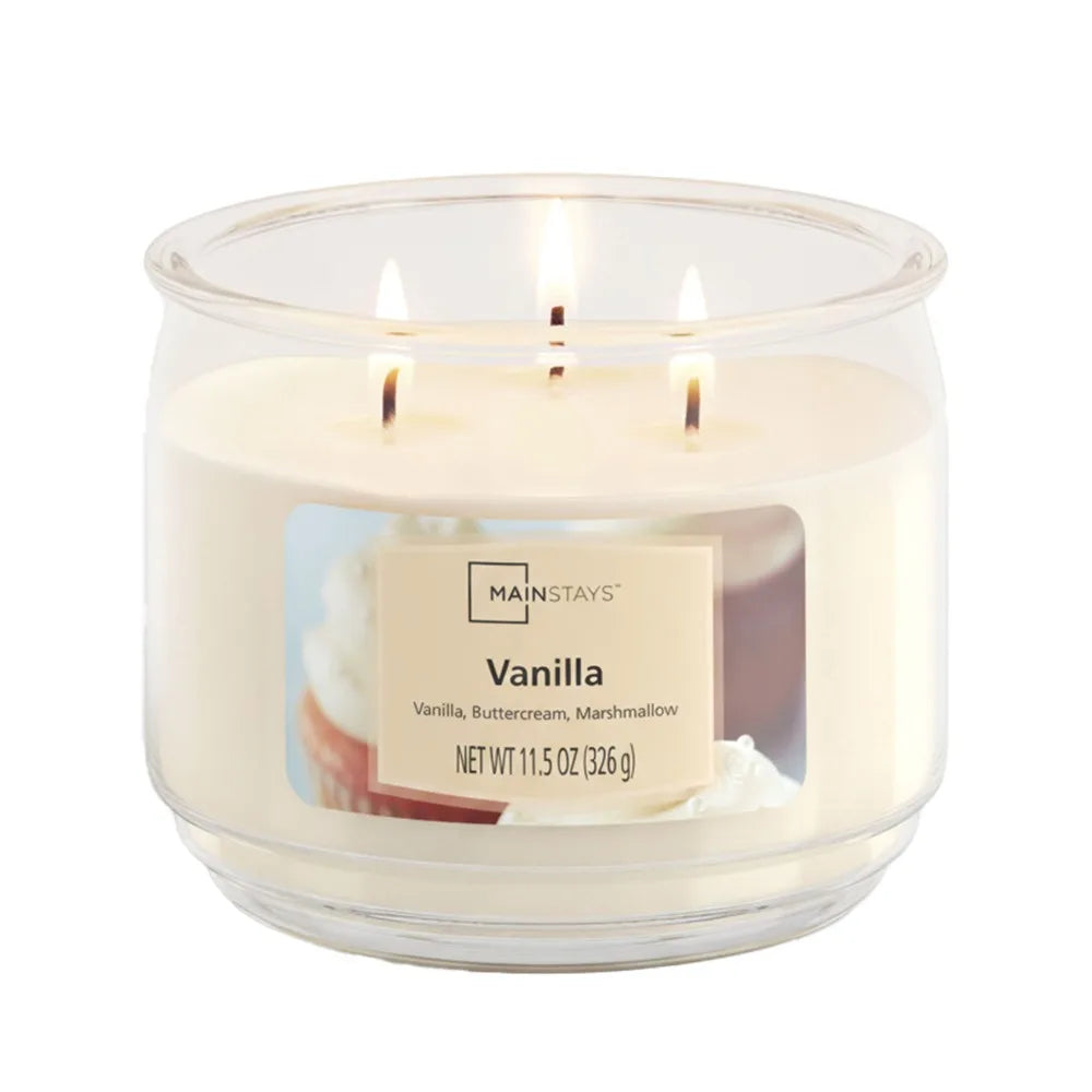 Vanilla scented glass jar candle, 3-wick, 11.5 oz, Mainstays.