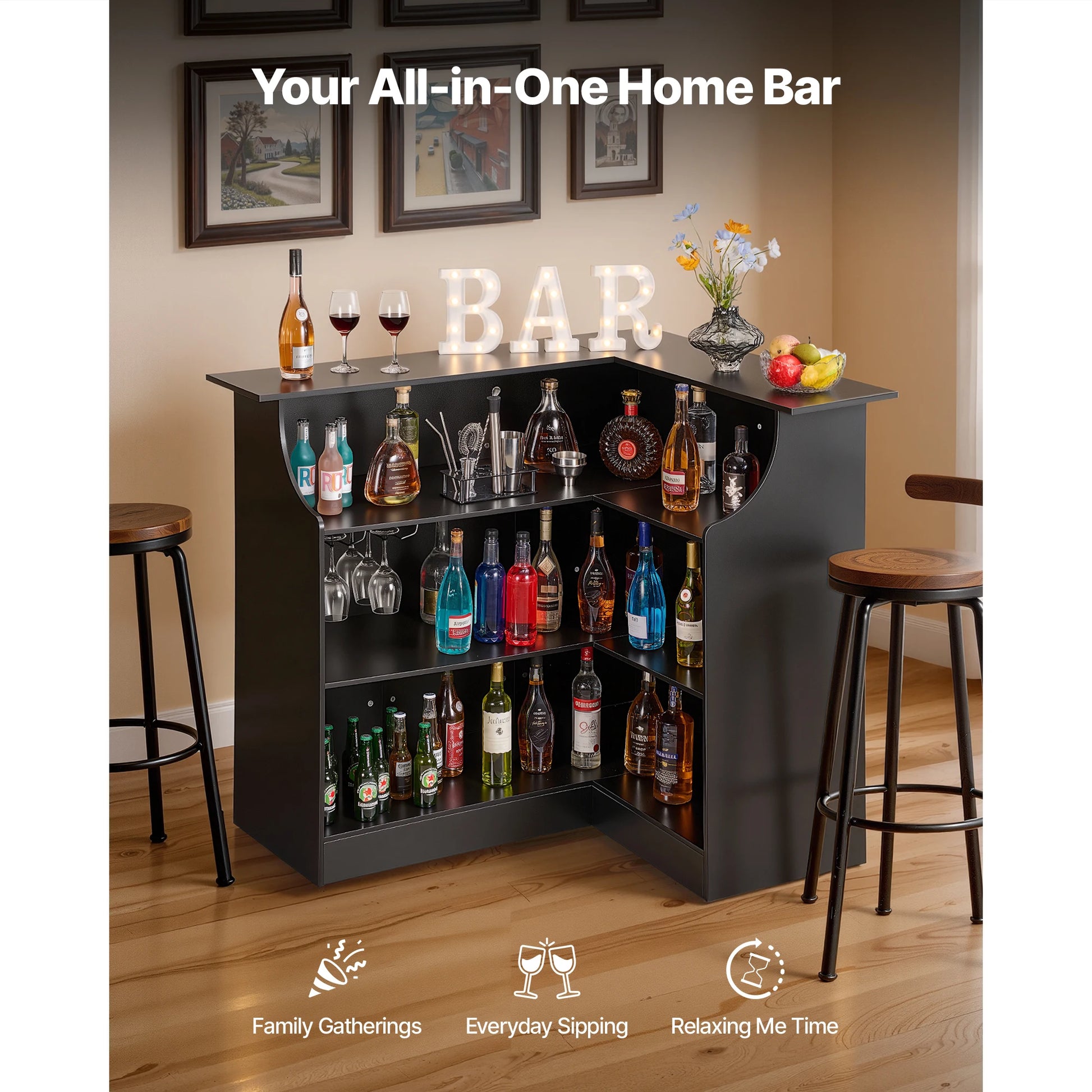 VEVOR 300 lbs Home Bar Unit L-Shaped Wine Bar Cabinet Table 4-Tier with Storage Shelves for Home Kitchen Living Room Pub Black by S And B Enterprise