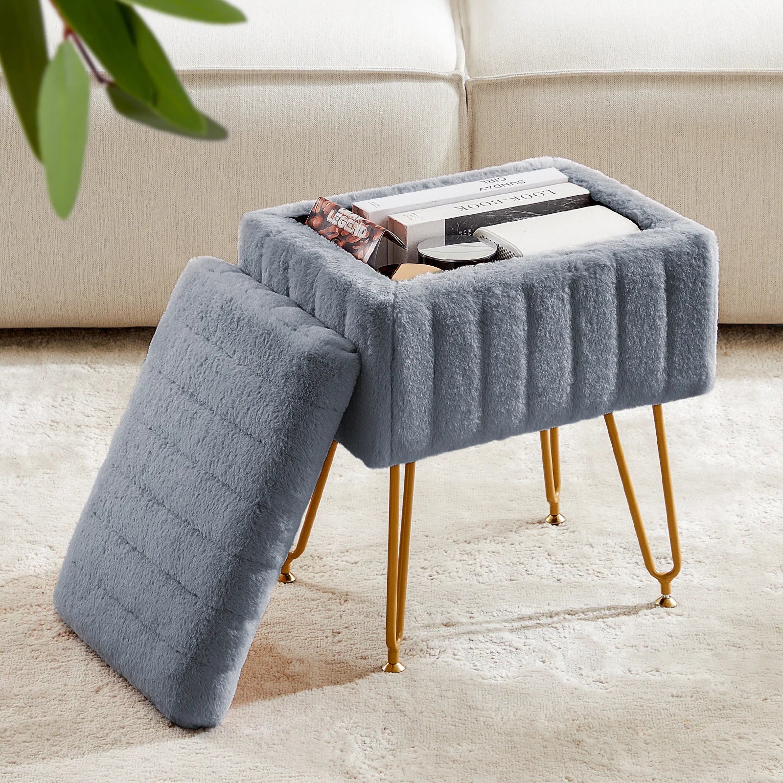 JHK Faux Fur Living Room Hidden Storage Stools & Ottomans Padded Makeup with 4 Metal Legs Anti-Slip Adjustable Feet for Home by S And B Enterprise