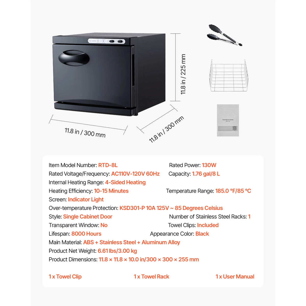SucceBuy black towel warmer cabinet with clip; includes tongs and towel rack