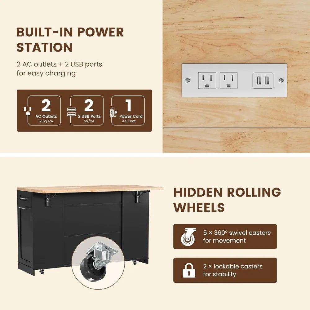 53-inch rolling kitchen island with built-in power outlets, wood top, black base, and hidden wheels.