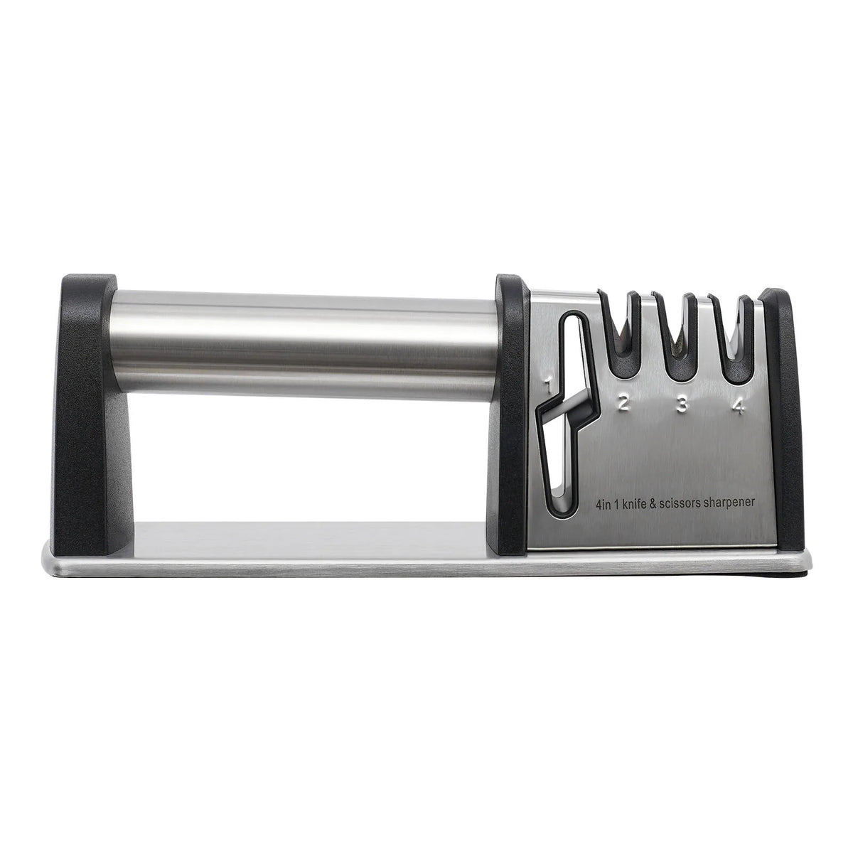 S And B Enterprise 4-stage knife sharpener with stainless steel body, black end caps, and four sharpening slots.