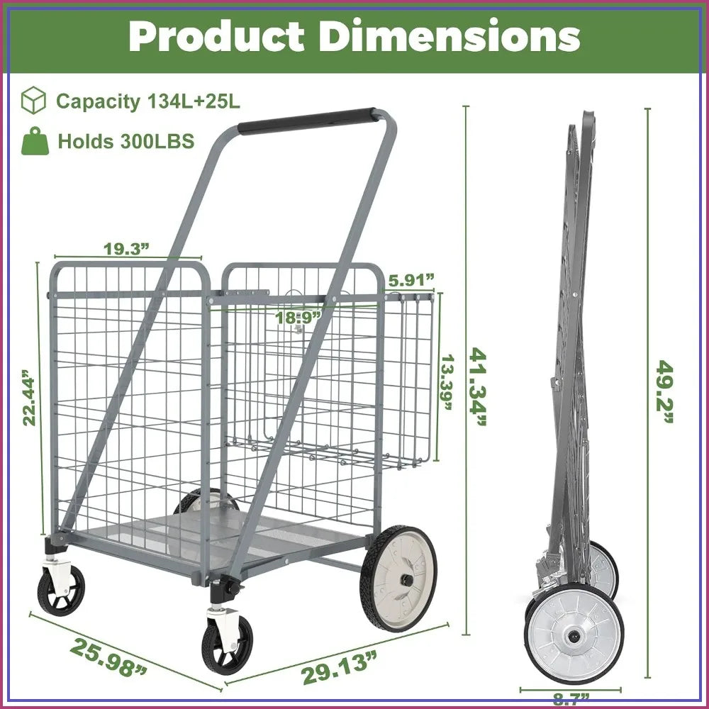 Heavy duty folding shopping cart by S And B Enterprise with gray metal frame, 360° wheels, and removable bag