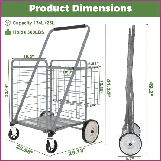 Heavy duty folding shopping cart by S And B Enterprise with gray metal frame, 360° wheels, and removable bag