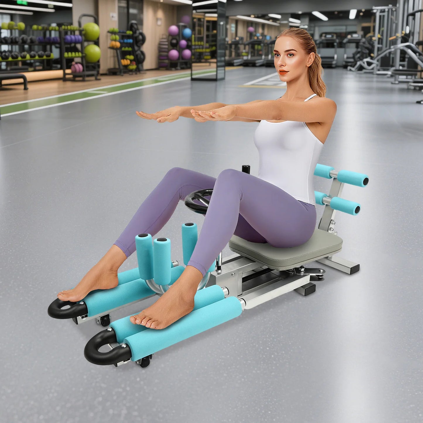 Leg stretcher machine by S And B Enterprise with teal padded rollers, adjustable 0-210° for flexibility training.
