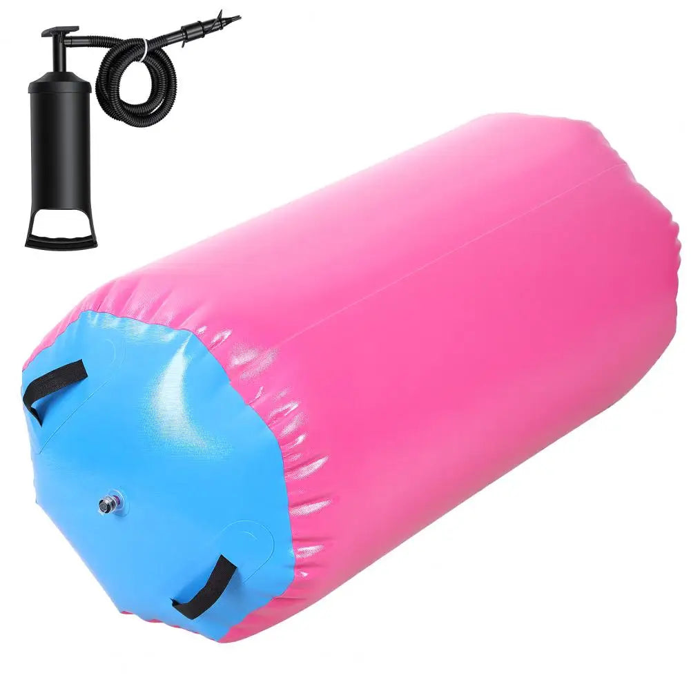 Air roller gymnastics barrel inflatable tumbling roller in pink with blue ends and hand pump for home gym.