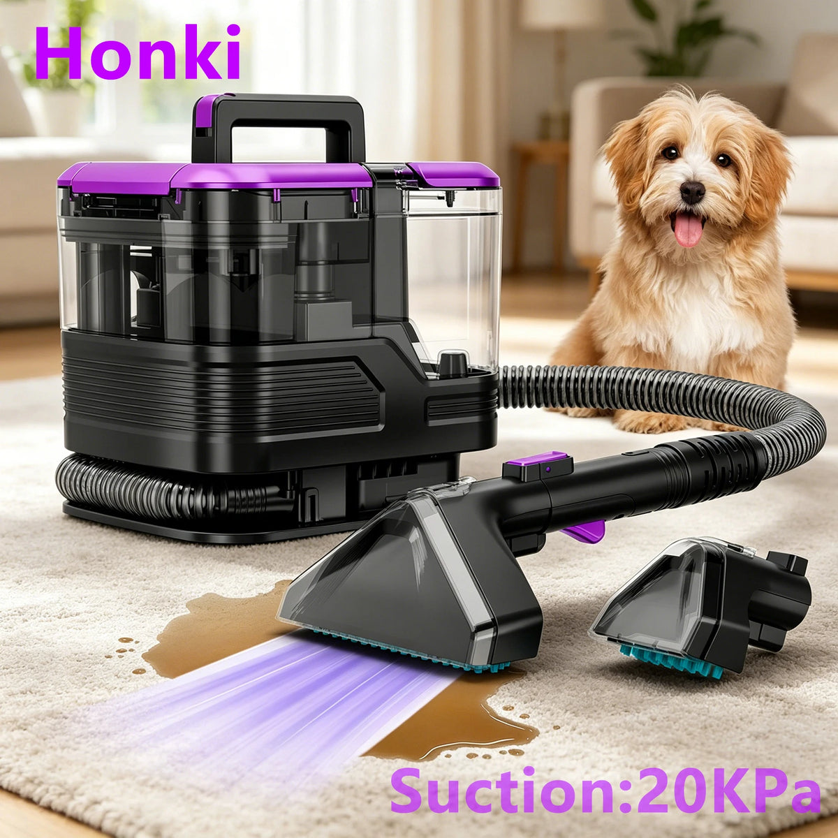 Honki 530W carpet cleaner with purple accents, clear tank and hose attachments for pet hair