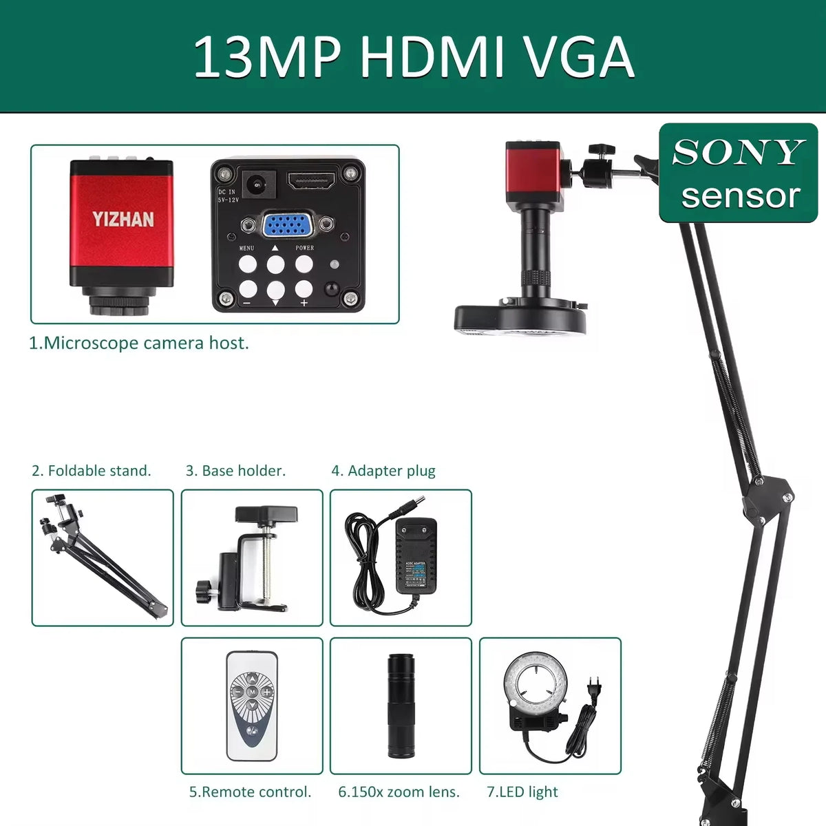 YIZHAN soldering microscope with red camera module and Sony sensor, 48MP, 4K HDMI/USB, adjustable gooseneck stand