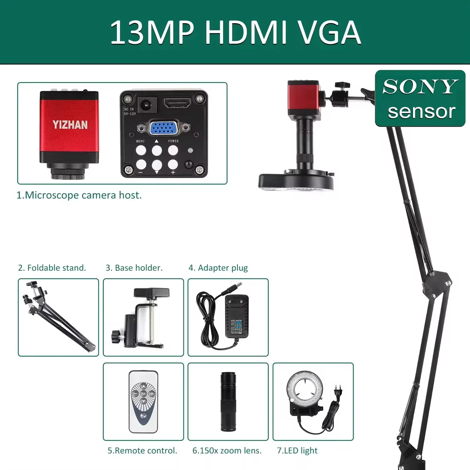 YIZHAN soldering microscope with red camera module and Sony sensor, 48MP, 4K HDMI/USB, adjustable gooseneck stand