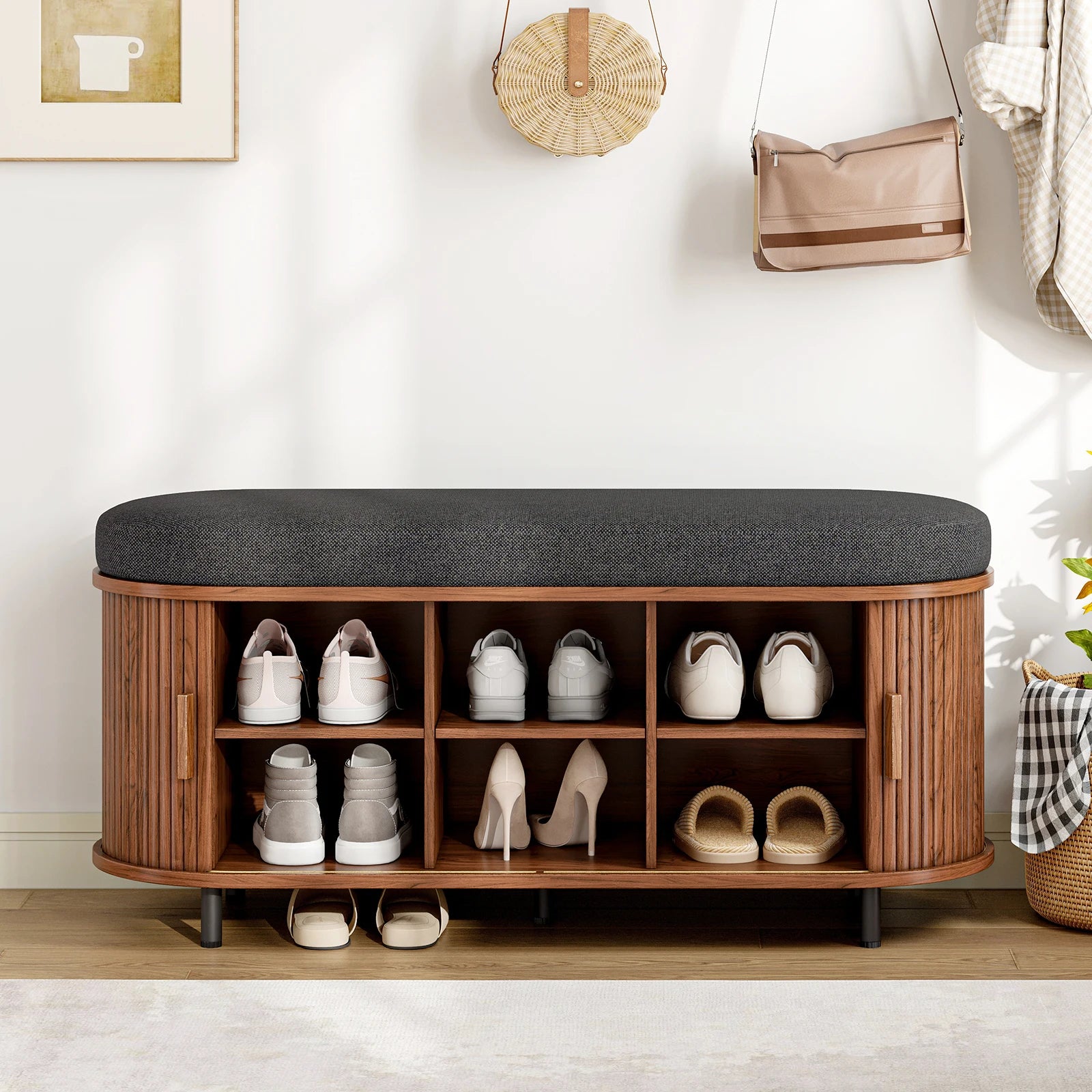 43.3 inch wooden 3-tier shoe storage bench with a dark gray cushioned top for organized footwear
