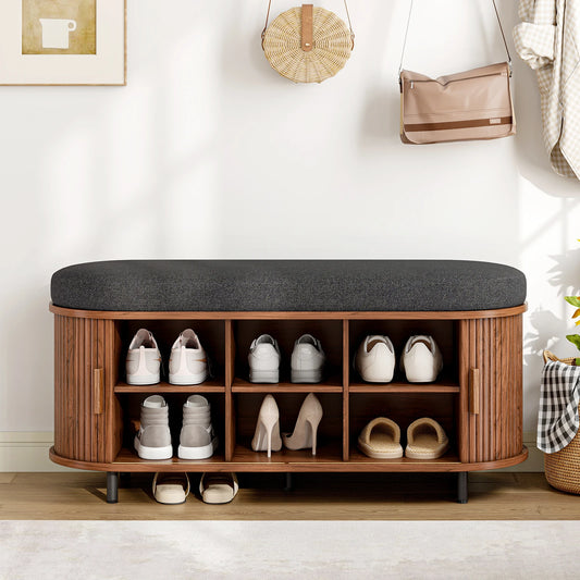 43.3 inch wooden 3-tier shoe storage bench with a dark gray cushioned top for organized footwear
