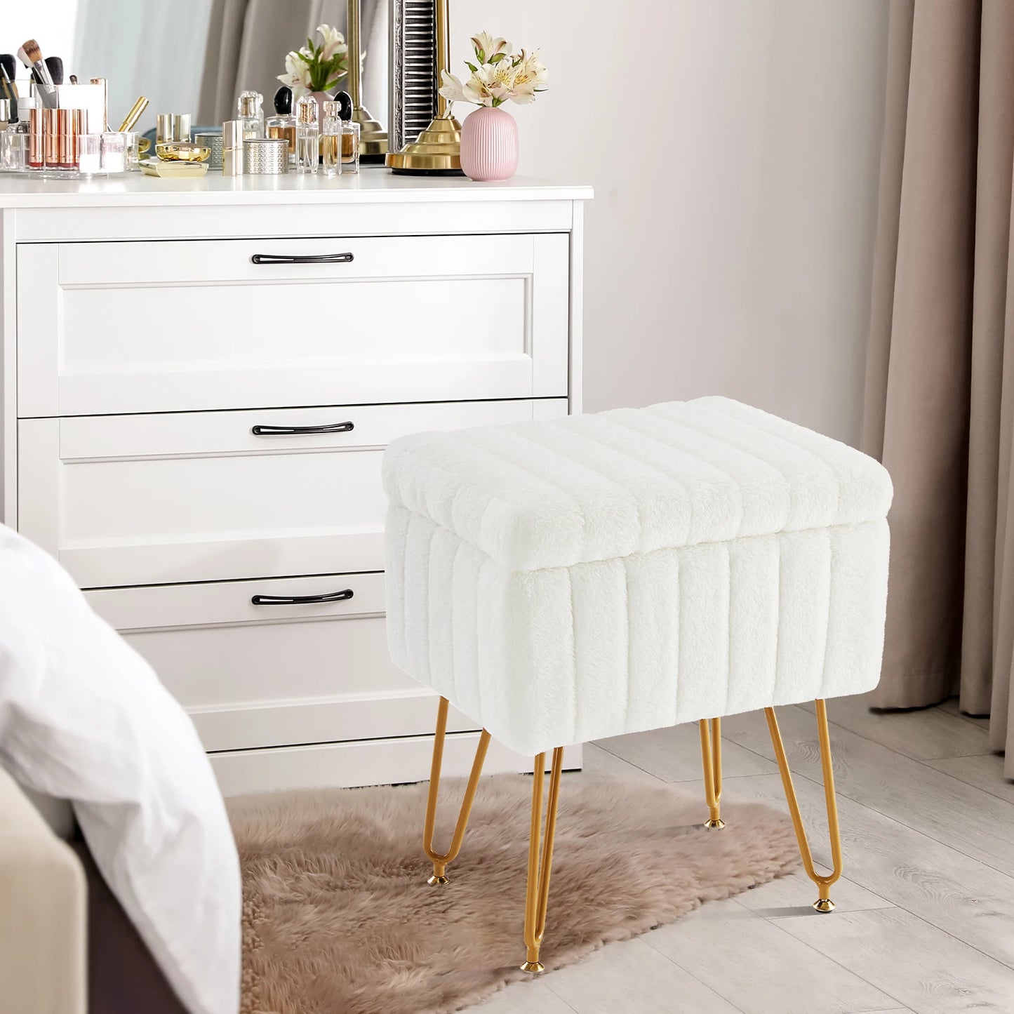 JHK Faux Fur Living Room Hidden Storage Stools & Ottomans Padded Makeup with 4 Metal Legs Anti-Slip Adjustable Feet for Home by S And B Enterprise