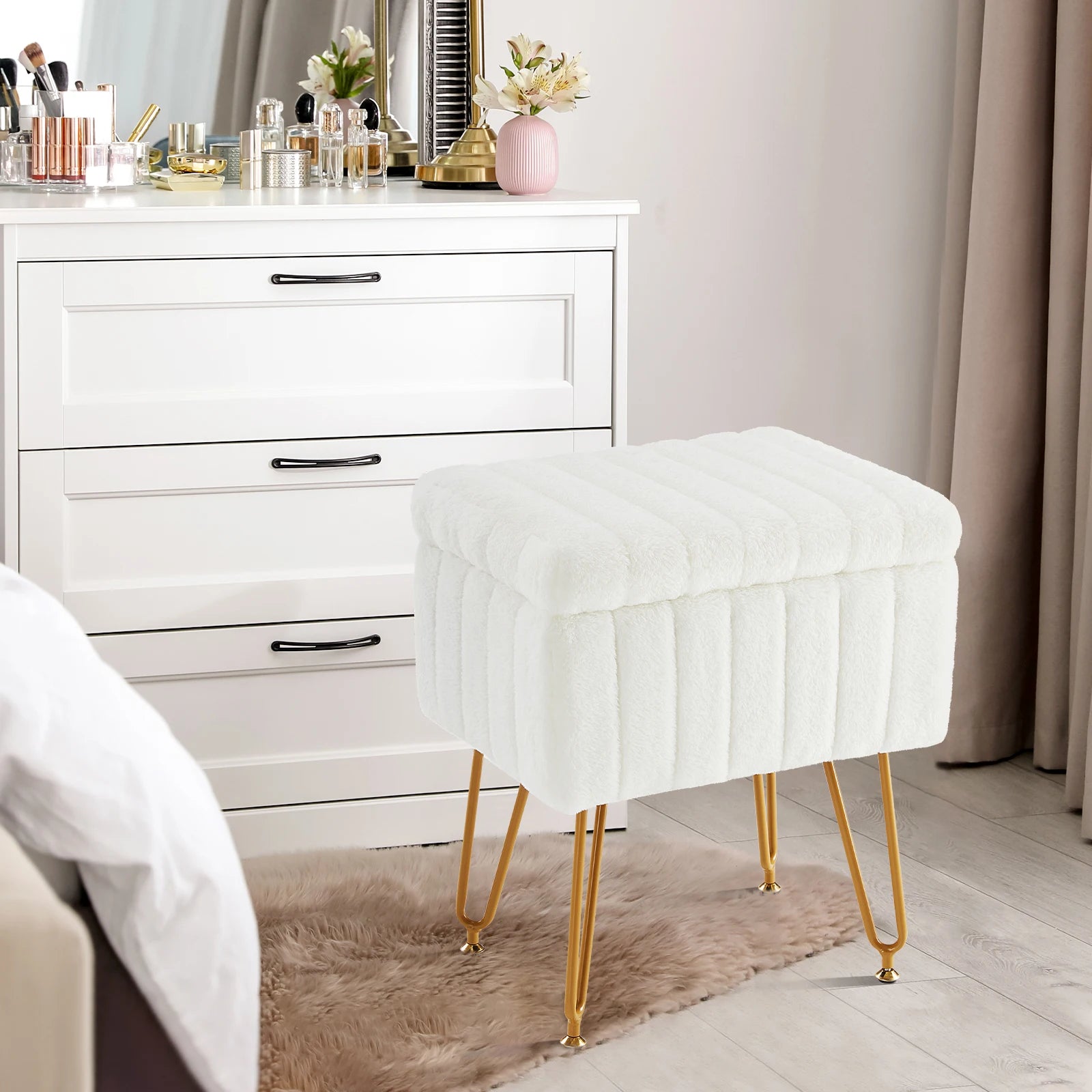 JHK Faux Fur Living Room Hidden Storage Stools & Ottomans Padded Makeup with 4 Metal Legs Anti-Slip Adjustable Feet for Home by S And B Enterprise