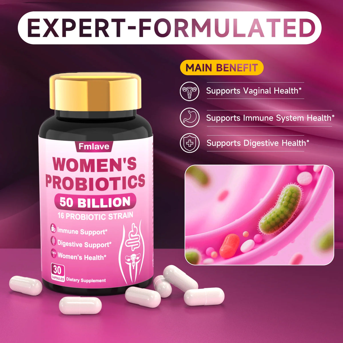 Fmlave Women's Probiotics bottle with pink label, 50 Billion CFU, 16 strains, 30 capsules, dietary supplement