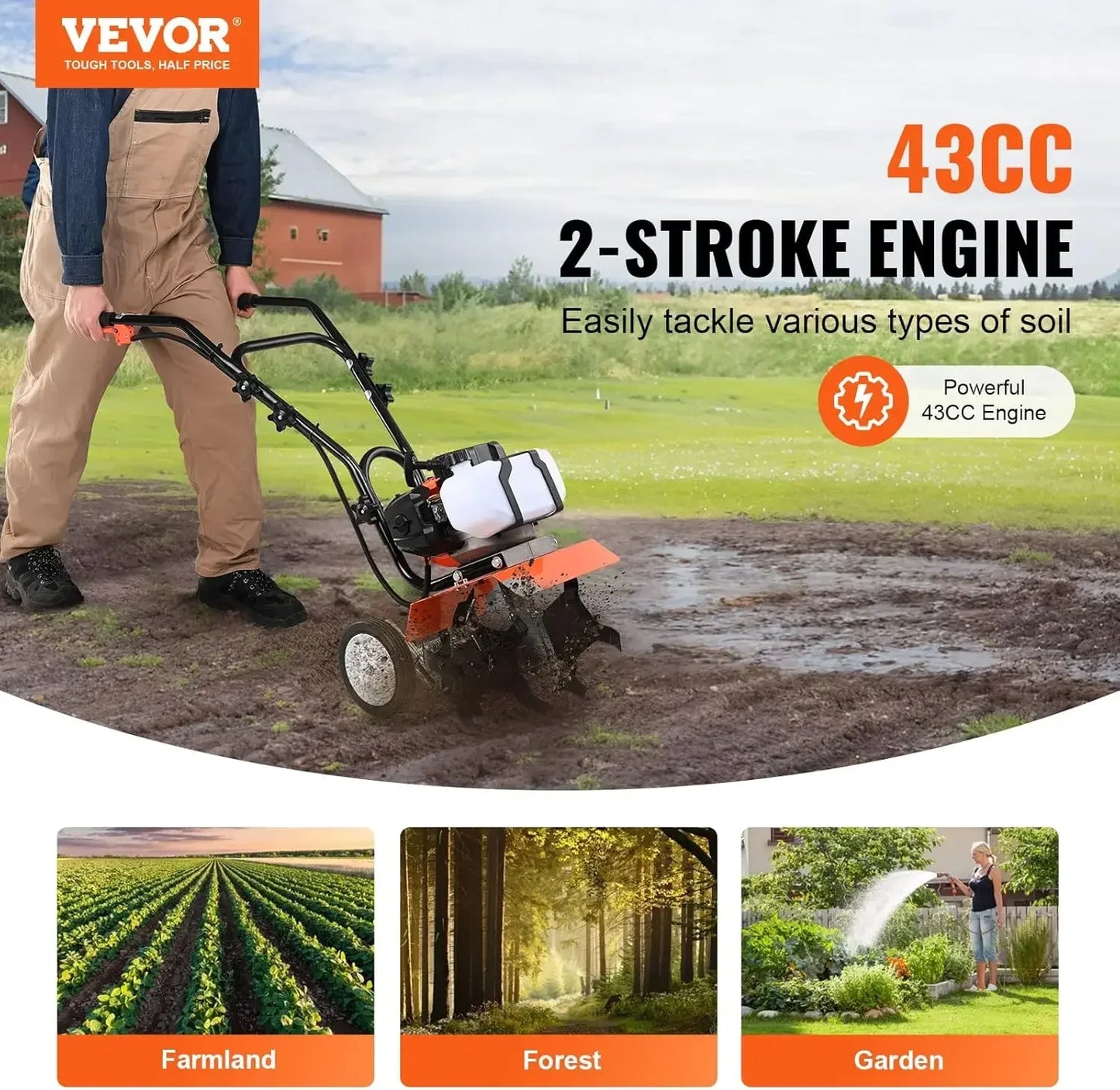 Gas Powered Tiller Cultivator 43cc 2-Stroke With Adjustable Front Tines