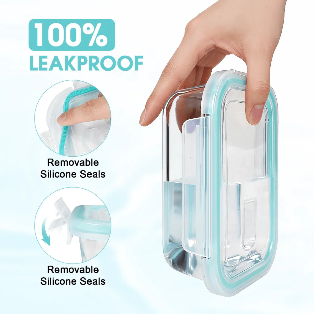 Glass food storage set, 24-piece, by S And B Enterprise with light-blue airtight lids; leakproof and microwave safe
