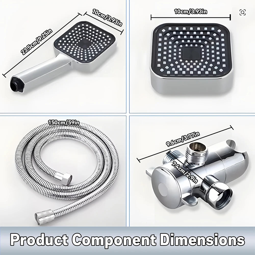 Four-piece shower set with handheld head, large square rain head, 150cm hose, and wall-mounted three-way valve
