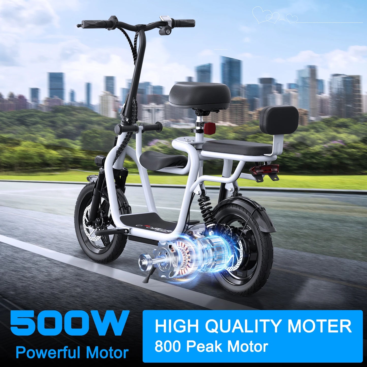 Electric scooter with adjustable seat for adults, white frame, 500W motor, 20-mile range, 17.4 mph, city-ready