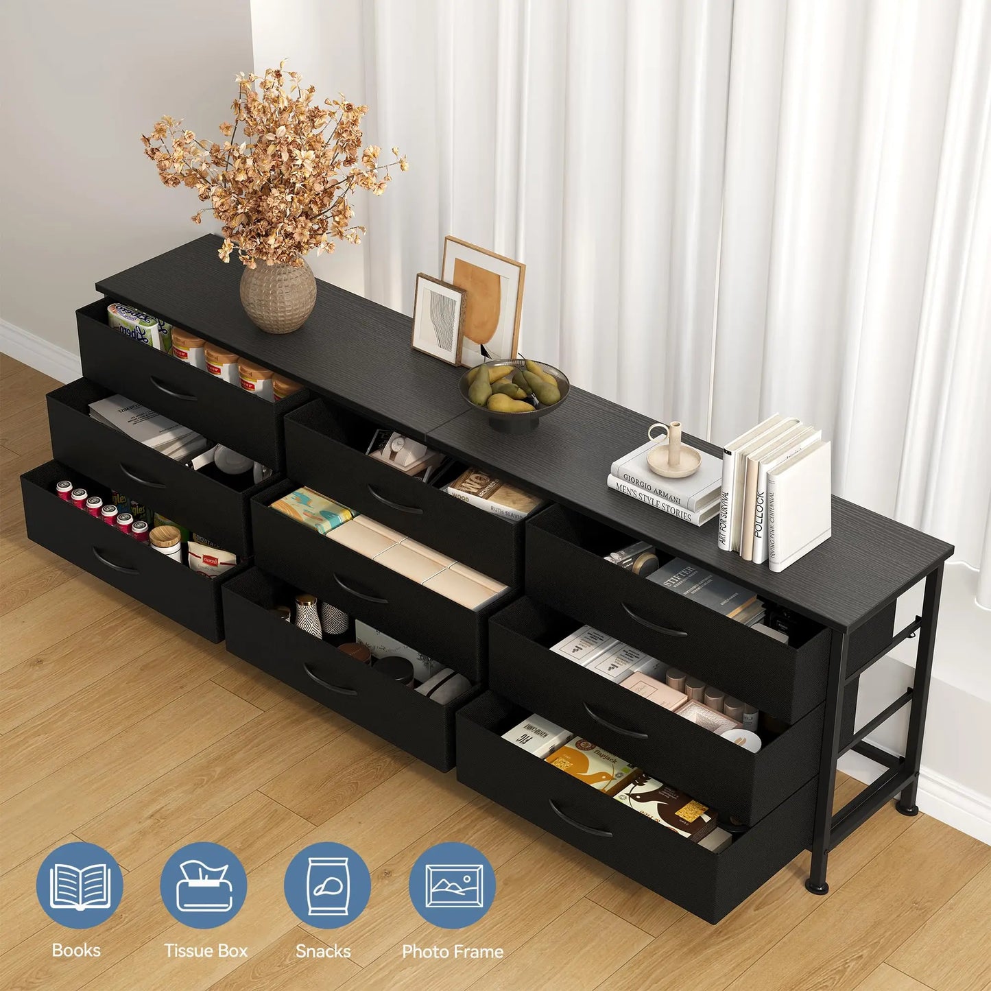 JHK Cabinet For Living Room With 9 Fabric Drawers Long Entertainment Center Up to 75 Inch TV Storage Display Of Furniture by S And B Enterprise