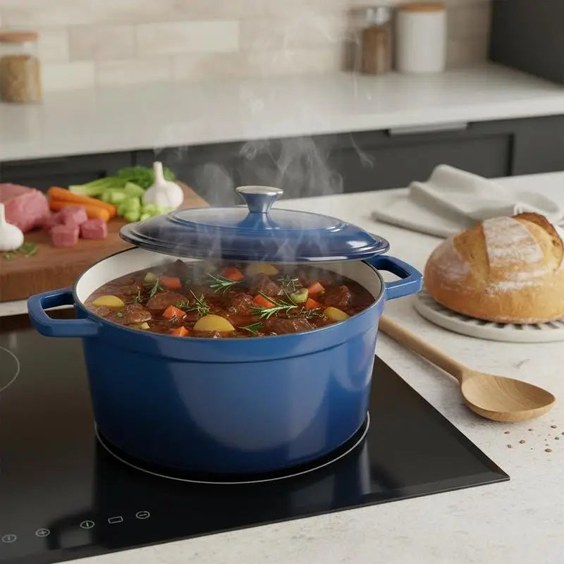 Enameled Cast Iron Dutch Oven, 6 Quart Pot with Lid and Dual Handles, Heavy-Duty Durable Cookware Pan, Oven Induction Compatible up to 500℉, for Braising, Stews, Roasting, Bread Baking, Blue by S And B Enterprise