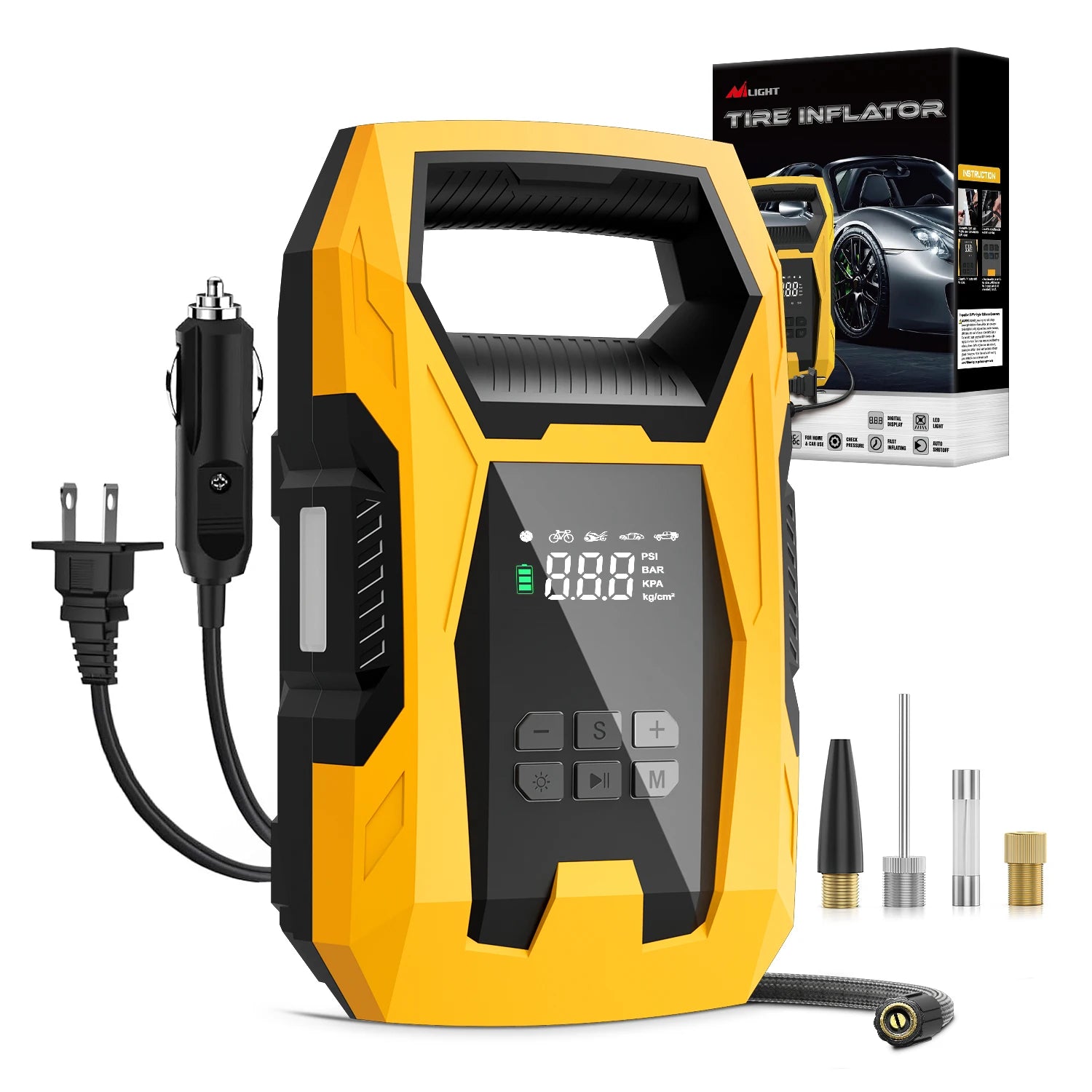 Nilight Tire Inflator portable air compressor with digital display, yellow and black, includes air adapters