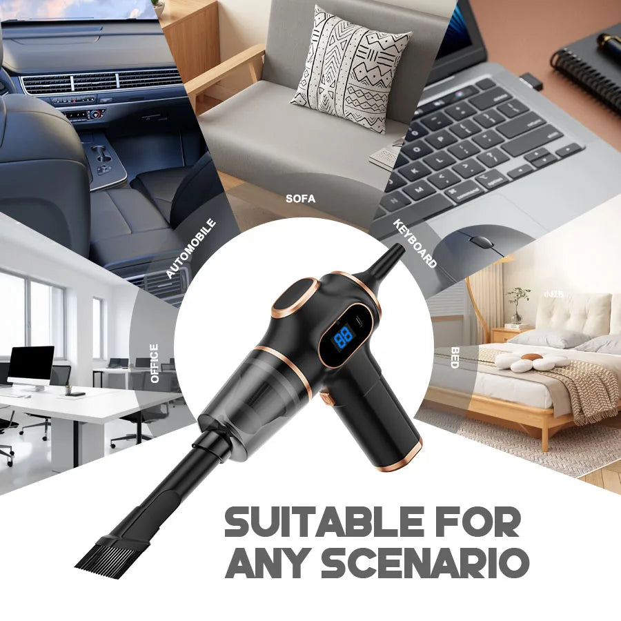 Wireless car vacuum cleaner, black with rose-gold accents and digital display; suitable for car, home and office.