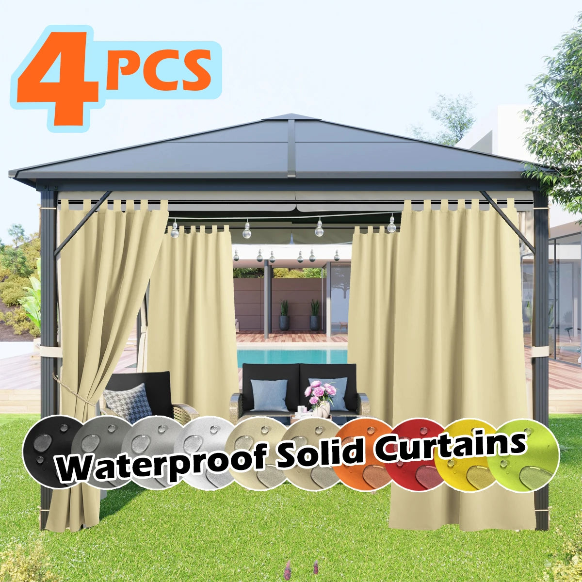 4-panel beige outdoor curtains for gazebo, waterproof and UV-resistant tab-top design