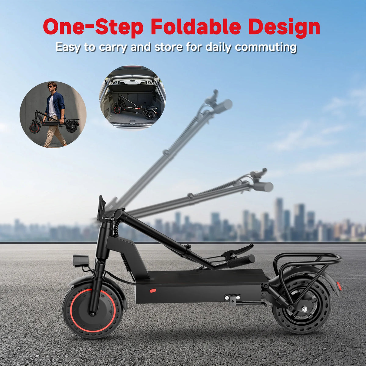Foldable electric bicycle with basket, black frame, red accents, 10-inch solid tires