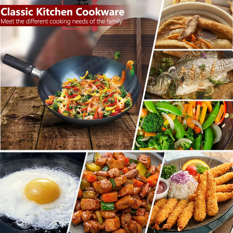 32/34cm Seasoning Blue Iron Wok Uncoated Nonstick Pot Lightweight Classic Chef Wok Outdoor Kitchen Cookware for Gas Stove by S And B Enterprise