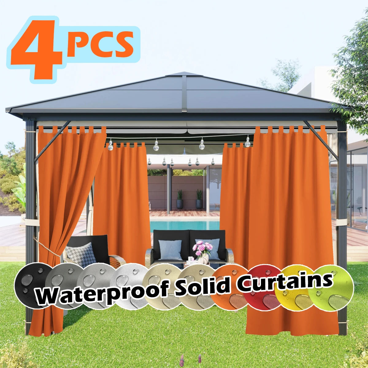 4 panels orange outdoor curtains, waterproof and UV-resistant tab-top for gazebo, pergola, porch