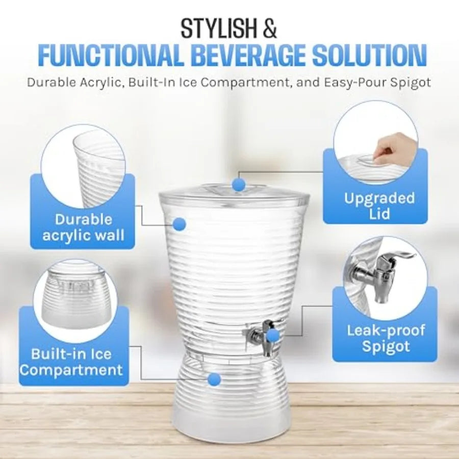 Drink dispenser for parties, clear 2.5-gallon plastic beverage dispenser with built-in ice compartment and leak-proof spigot