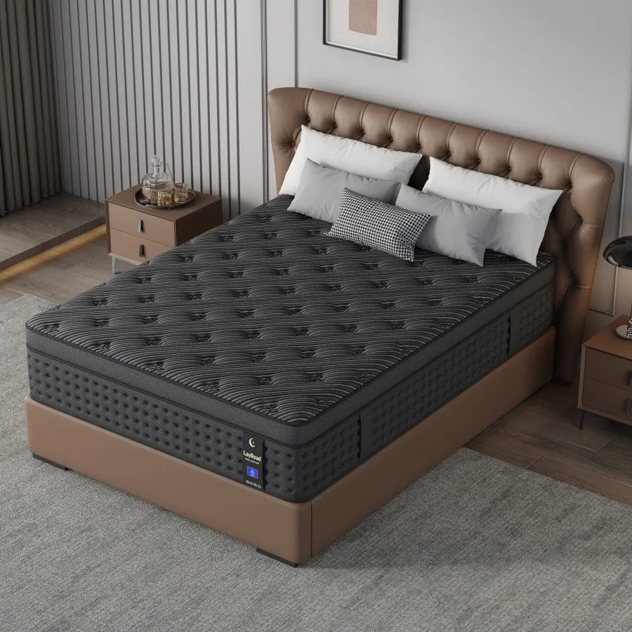 S And B Enterprise memory foam hybrid mattress on a brown tufted platform bed with a dark gray top