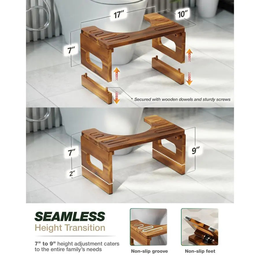 Foldable Toilet Stool With Adjustable Heights Acacia Wood