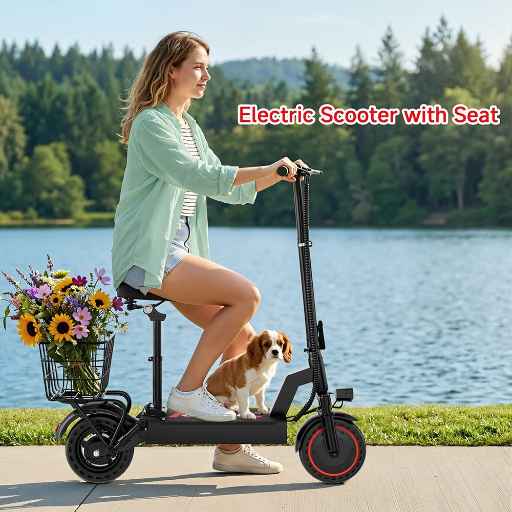 Electric scooter with seat, black frame and red-rim wheels, rear basket with flowers beside a small dog by a lake