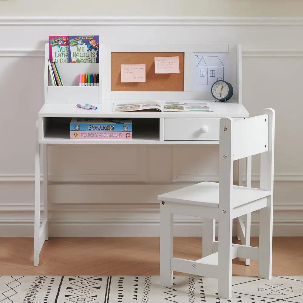 Kids study desk and chair set in white wood with storage shelf and hutch, 2-piece set.