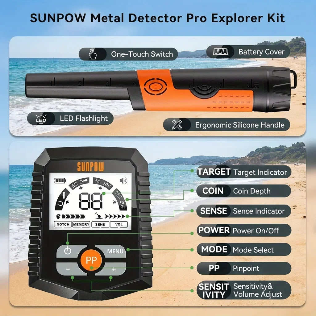 SUNPOW Metal Detector Kit with Pinpointer; 8-inch IP68 waterproof coil, LCD display, two-piece set