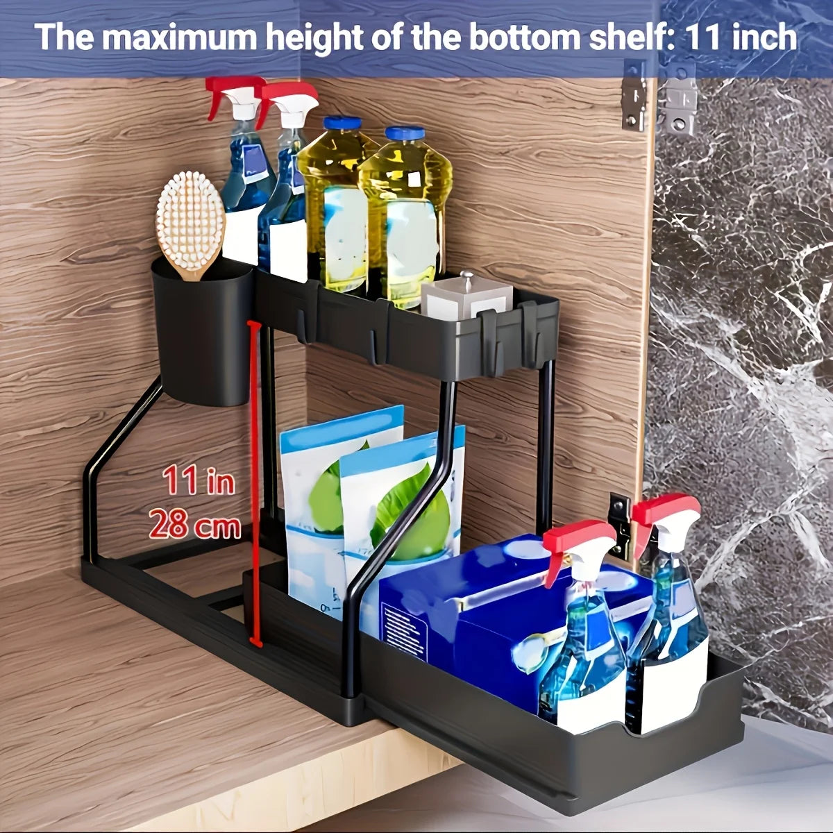 Space-Saving 2-Tier Under-Sink Organizer by S And B Enterprise, black pull-out storage for cleaners