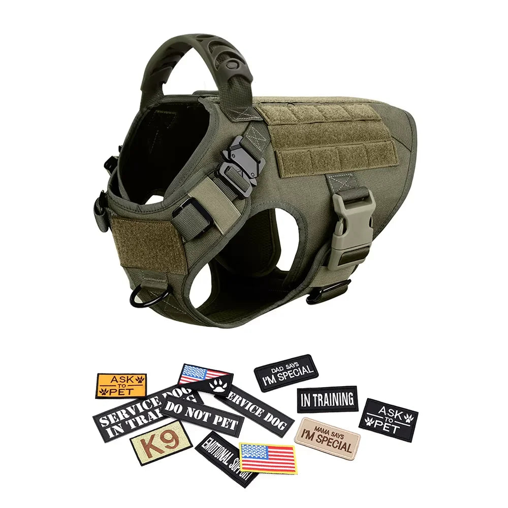 Military large dog harness vest with patches and patch set, olive drab tactical K9 gear by S And B Enterprise.