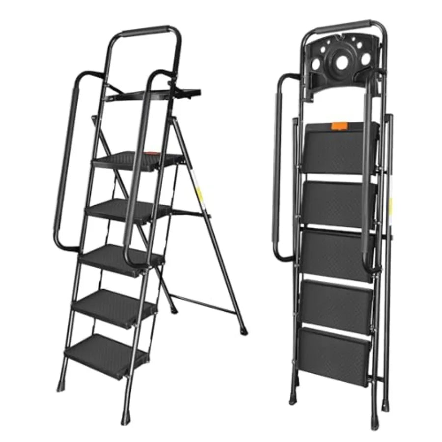 500 lb capacity folding step ladder with tool platform by S And B Enterprise, black steel with anti-slip pedals