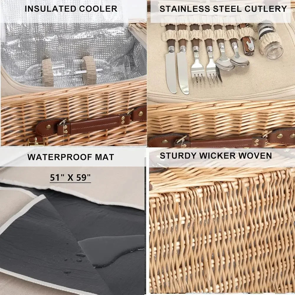 Double-Layered Wicker Picnic Basket With Insulated Liners And Portable Table